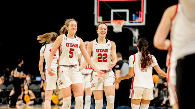 Utah women's basketball players No. 22 Jenna Johnson and No. 5 Gianna Kneepkens.